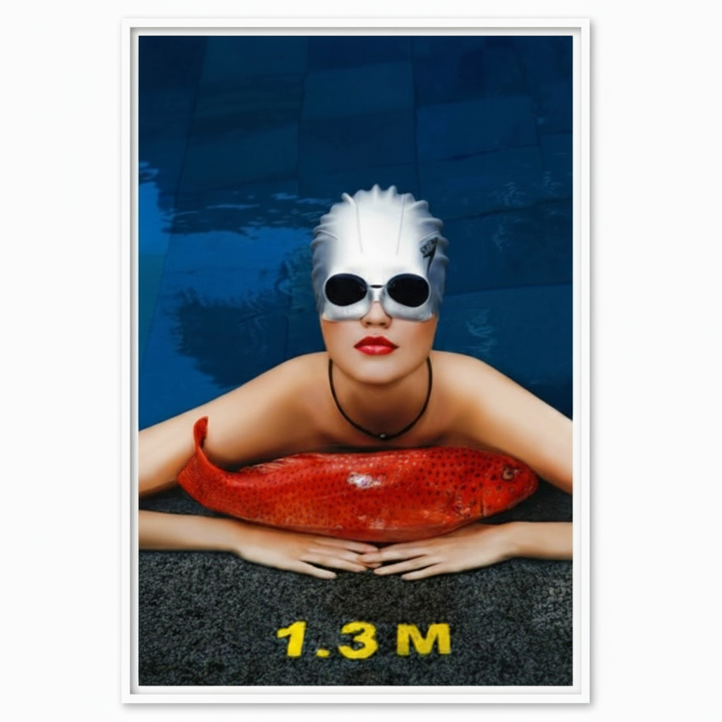 A framed art print featuring a photograph of a person with sunglasses and a large red fish, with the scale indicator '1.3 M' at the bottom.