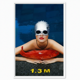 A framed art print featuring a photograph of a person with sunglasses and a large red fish, with the scale indicator '1.3 M' at the bottom.