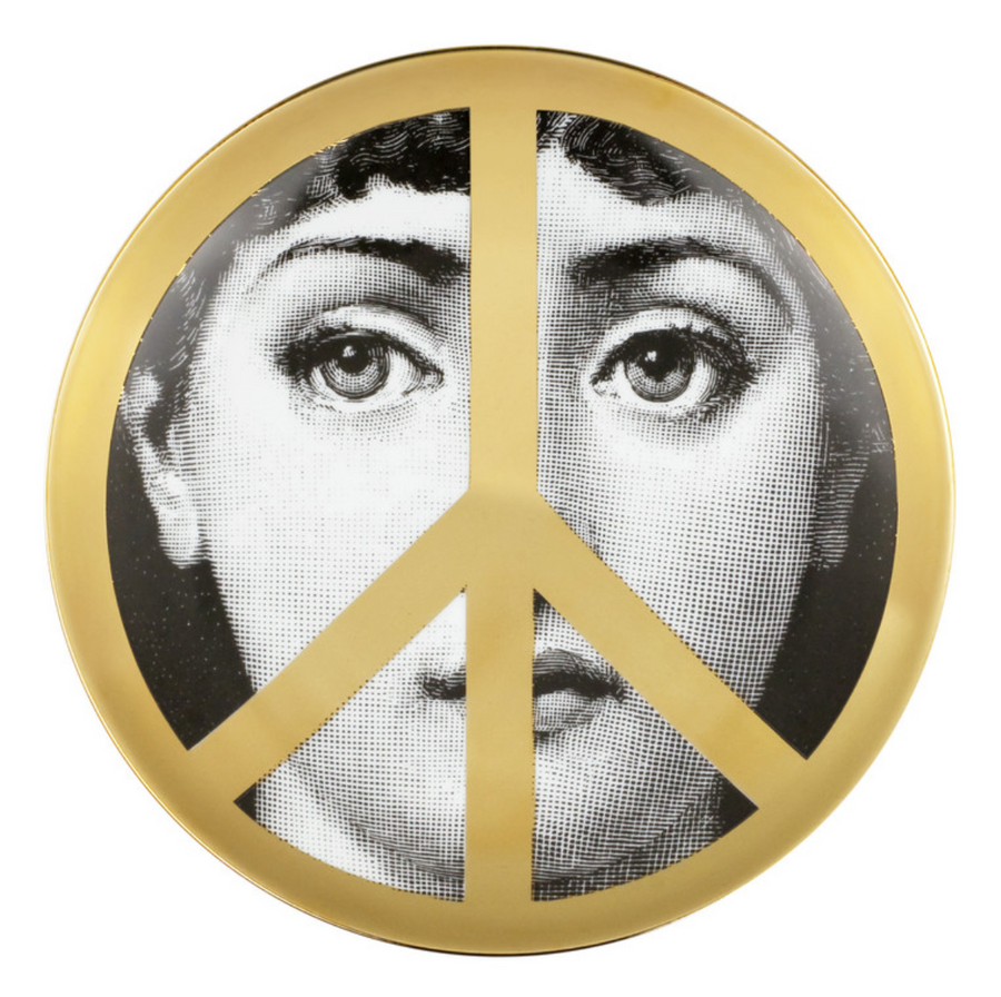 Black, white and gold Fornasetti ceramic wall plate with face of Lina Cavalieri